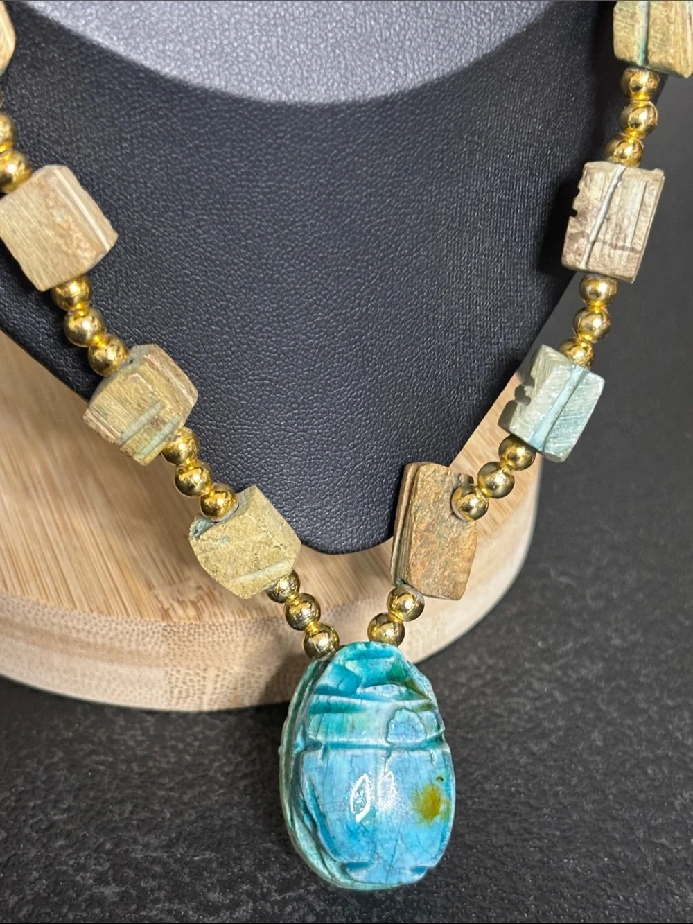 Handcrafted Scarab Blue-Green Stone Pendant Necklace with Gold Beads - Picture 2 of 7